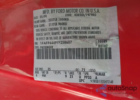 2000 Ford Mustang из США, поврежденный, VIN 1FAFP4449YF258607